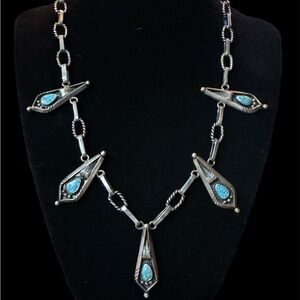 Vintage native Zuni squash blossom Necklace 925 Sterling Persian Turquoise
